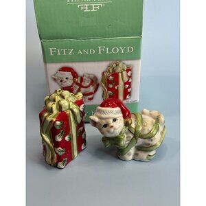 Fitz & Floyd Kitty Kringle Salt & Pepper Shakers Ceramic 2005 Christmas Decor